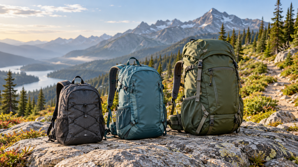 Three hiking daypacks on a rocky overlook above an alpine lake