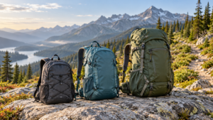 Three hiking daypacks on a rocky overlook above an alpine lake.