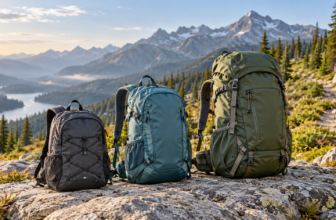 Three hiking daypacks on a rocky overlook above an alpine lake.