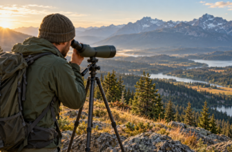 Outdoor enthusiast viewed from behind using a tripod-mounted spotting scope overlooking a mountain valley