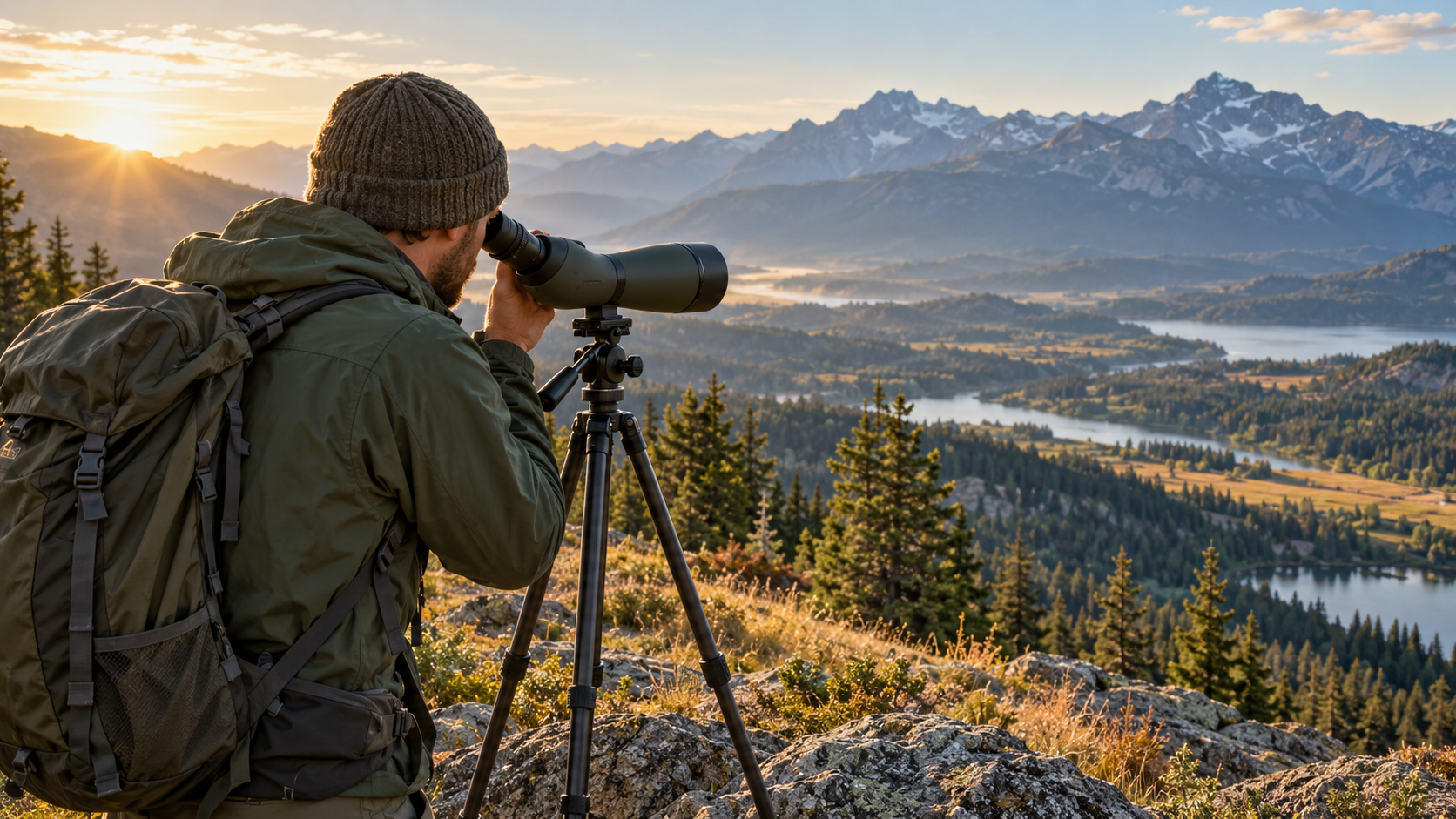 Outdoor enthusiast viewed from behind using a tripod-mounted spotting scope overlooking a mountain valley